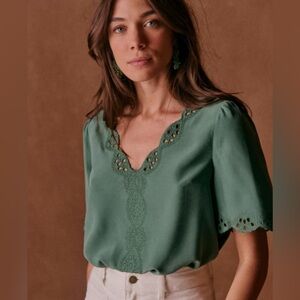 Sezane Francia Blouse, Sage Green Silk, Embroidered - Size 6